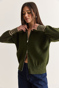 Kadın Çizgili Şal Yaka Çift Yönlü Fermuarlı Oversize Triko Hırka TH261088 60286728 - Haki HIRKA modelleri