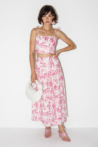 Kadın Crop Bluz Midi Etekli Desenli Keten Alt-Üst Takım 60644 60286425 - Pembe ALT - ÜST TAKIM modelleri