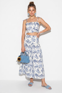 Kadın Crop Bluz Midi Etekli Desenli Keten Alt-Üst Takım 60644 60286425 - Lacivert ALT - ÜST TAKIM modelleri
