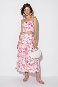 Kadın Crop Bluz Midi Etekli Desenli Keten Alt-Üst Takım 60644 60286425 - Pembe ALT - ÜST TAKIM modelleri