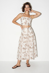 Kadın Crop Bluz Midi Etekli Desenli Keten Alt-Üst Takım 60644 60286425 - Bej ALT - ÜST TAKIM modelleri