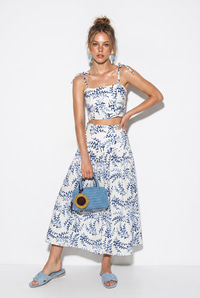 Kadın Crop Bluz Midi Etekli Desenli Keten Alt-Üst Takım 60644 60286425 - Lacivert ALT - ÜST TAKIM modelleri