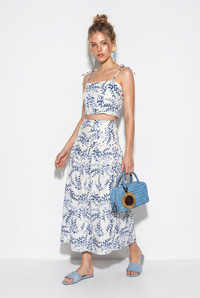 Kadın Crop Bluz Midi Etekli Desenli Keten Alt-Üst Takım 60644 60286425 - Lacivert ALT - ÜST TAKIM modelleri