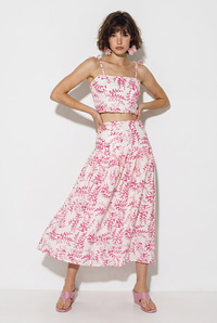 Kadın Crop Bluz Midi Etekli Desenli Keten Alt-Üst Takım 60644 60286425 - Pembe ALT - ÜST TAKIM modelleri