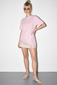 Kadın Dantel Detaylı Asimetrik Kesim Kısa Kollu T-Shirt 1078 60286069 - Pembe T-SHİRT modelleri