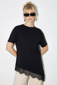 Kadın Dantel Detaylı Asimetrik Kesim Kısa Kollu T-Shirt 1078 60286069 - Siyah T-SHİRT modelleri