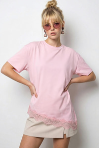 Kadın Dantel Detaylı Asimetrik Kesim Kısa Kollu T-Shirt 1078 60286069 - Pembe T-SHİRT modelleri