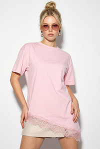 Kadın Dantel Detaylı Asimetrik Kesim Kısa Kollu T-Shirt 1078 60286069 - Pembe T-SHİRT modelleri
