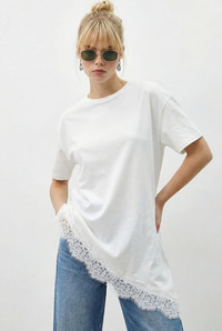 Kadın Dantel Detaylı Asimetrik Kesim Kısa Kollu T-Shirt 1078 60286069 - Beyaz T-SHİRT modelleri