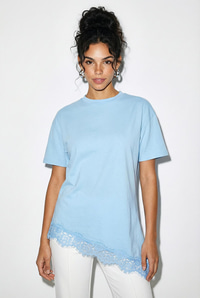 Kadın Dantel Detaylı Asimetrik Kesim Kısa Kollu T-Shirt 1078 60286069 - Bebe Mavisi T-SHİRT modelleri