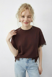 Kadın Dantel Detaylı Bisiklet Yaka Oversize T-Shirt 1046 60283955 - Kahverengi T-SHİRT modelleri
