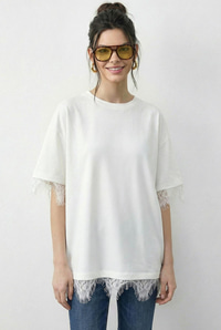 Kadın Dantel Detaylı Bisiklet Yaka Oversize T-Shirt 1046 60283955 - Beyaz T-SHİRT modelleri