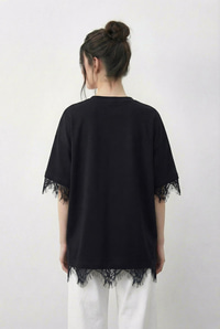Kadın Dantel Detaylı Bisiklet Yaka Oversize T-Shirt 1046 60283955 - Siyah T-SHİRT modelleri