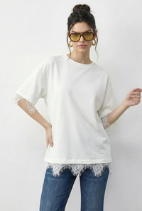 Kadın Dantel Detaylı Bisiklet Yaka Oversize T-Shirt 1046 60283955 - Beyaz T-SHİRT modelleri