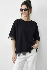 Kadın Dantel Detaylı Bisiklet Yaka Oversize T-Shirt 1046 60283955 - Siyah T-SHİRT modelleri