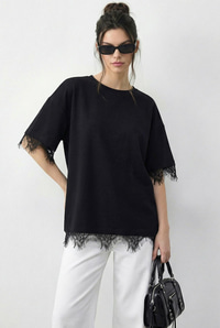 Kadın Dantel Detaylı Bisiklet Yaka Oversize T-Shirt 1046 60283955 - Siyah T-SHİRT modelleri