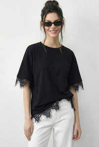 Kadın Dantel Detaylı Bisiklet Yaka Oversize T-Shirt 1046 60283955 - Siyah T-SHİRT modelleri