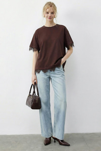 Kadın Dantel Detaylı Bisiklet Yaka Oversize T-Shirt 1046 60283955 - Kahverengi T-SHİRT modelleri