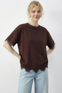Kadın Dantel Detaylı Bisiklet Yaka Oversize T-Shirt 1046 60283955 - Kahverengi T-SHİRT modelleri