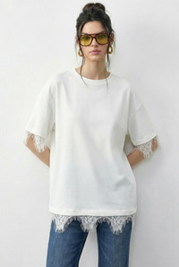 Kadın Dantel Detaylı Bisiklet Yaka Oversize T-Shirt 1046 60283955 - Beyaz T-SHİRT modelleri