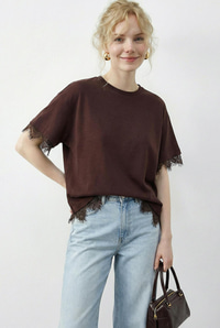 Kadın Dantel Detaylı Bisiklet Yaka Oversize T-Shirt 1046 60283955 - Kahverengi T-SHİRT modelleri