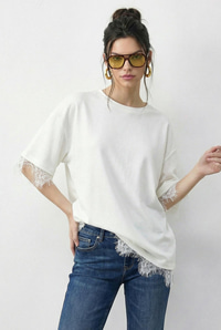 Kadın Dantel Detaylı Bisiklet Yaka Oversize T-Shirt 1046 60283955 - Beyaz T-SHİRT modelleri