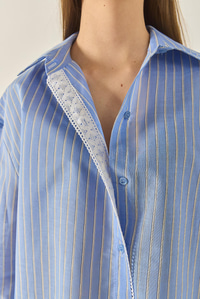 Kadın Dantel Detaylı Çizgili Oversize Modal Gömlek 4792  60281050 - Mavi