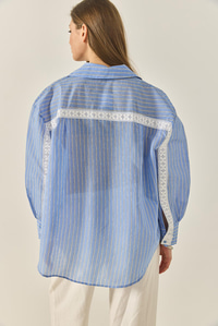 Kadın Dantel Detaylı Çizgili Oversize Modal Gömlek 4792  60281050 - Mavi
