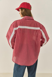 Kadın Dantel Detaylı Çizgili Oversize Modal Gömlek 4792  60281050 - Kırmızı