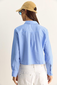 Kadın Dantel Detaylı Çizgili Poplin Crop Gömlek DG261023 60286099 - Mavi GÖMLEK modelleri