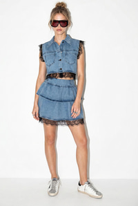 Kadın Dantel Detaylı Crop Denim Yelek Katlı Mini Denim Etek Alt-Üst Takım 8218 60286244 - Mavi ALT - ÜST TAKIM modelleri