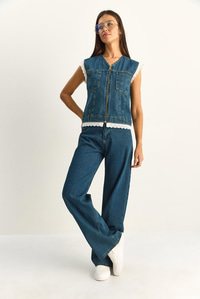 Kadın Dantel Detaylı Denim Yelek ve Wide Leg Pantolon Denim Takım 8210 60286153 - Lacivert ALT - ÜST TAKIM modelleri