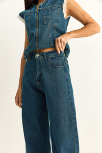 Kadın Dantel Detaylı Denim Yelek ve Wide Leg Pantolon Denim Takım 8210 60286153 - Lacivert ALT - ÜST TAKIM modelleri