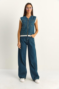 Kadın Dantel Detaylı Denim Yelek ve Wide Leg Pantolon Denim Takım 8210 60286153 - Lacivert ALT - ÜST TAKIM modelleri
