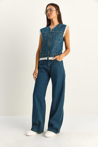 Kadın Dantel Detaylı Denim Yelek ve Wide Leg Pantolon Denim Takım 8210 60286153 - Lacivert ALT - ÜST TAKIM modelleri