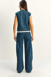 Kadın Dantel Detaylı Denim Yelek ve Wide Leg Pantolon Denim Takım 8210 60286153 - Lacivert ALT - ÜST TAKIM modelleri