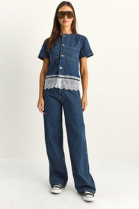 Kadın Dantel Detaylı Kısa Kollu Ceket Wide Leg Denim Pantolon Takım 8211 60286152 - Lacivert ALT - ÜST TAKIM modelleri