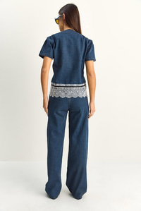 Kadın Dantel Detaylı Kısa Kollu Ceket Wide Leg Denim Pantolon Takım 8211 60286152 - Lacivert ALT - ÜST TAKIM modelleri