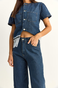 Kadın Dantel Detaylı Kısa Kollu Ceket Wide Leg Denim Pantolon Takım 8211 60286152 - Lacivert ALT - ÜST TAKIM modelleri