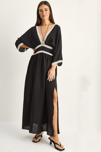 Kadın Dantel Detaylı V Yaka Beli Oturtmalı Yırtmaçlı Müslin Maxi Elbise 6019 60286185 - Siyah ELBİSE modelleri