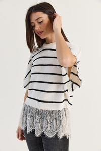Kadın Dantel Detaylı Yarım Balıkçı Yaka Yarasa Kol Oversize Triko Bluz TK261025 60286174 - Ekru-Siyah BLUZ modelleri