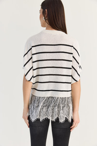 Kadın Dantel Detaylı Yarım Balıkçı Yaka Yarasa Kol Oversize Triko Bluz TK261025 60286174 - Ekru-Siyah BLUZ modelleri