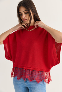 Kadın Dantel Detaylı Yarım Balıkçı Yaka Yarasa Kol Oversize Triko Bluz TK261025 60286174 - Kırmızı BLUZ modelleri