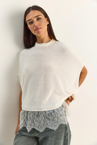 Kadın Dantel Detaylı Yarım Balıkçı Yaka Yarasa Kol Oversize Triko Bluz TK261025 60286174 - Ekru BLUZ modelleri