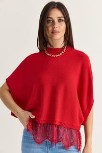 Kadın Dantel Detaylı Yarım Balıkçı Yaka Yarasa Kol Oversize Triko Bluz TK261025 60286174 - Kırmızı BLUZ modelleri