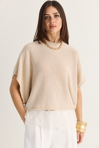 Kadın Dantel Detaylı Yarım Balıkçı Yaka Yarasa Kol Oversize Triko Bluz TK261025 60286174 - Bej BLUZ modelleri