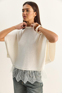 Kadın Dantel Detaylı Yarım Balıkçı Yaka Yarasa Kol Oversize Triko Bluz TK261025 60286174 - Ekru BLUZ modelleri