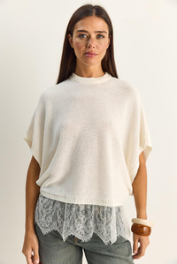 Kadın Dantel Detaylı Yarım Balıkçı Yaka Yarasa Kol Oversize Triko Bluz TK261025 60286174 - Ekru BLUZ modelleri