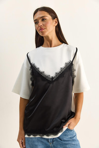 Kadın Dantel Saten Detaylı Katmanlı Görünümlü T-Shirt 1084 60286103 - Beyaz-Siyah T-SHİRT modelleri