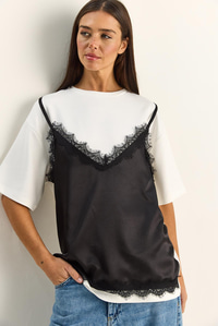Kadın Dantel Saten Detaylı Katmanlı Görünümlü T-Shirt 1084 60286103 - Beyaz-Siyah T-SHİRT modelleri